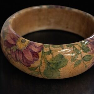 Vintage Floral Decoupage Wide Chunky Bangle Bracelet Purple Botanical